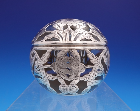 Inkwell #2 heavy globular Art Nouveau daisy/Chrysanthemum silver overlay on clear glass 3 1/2
